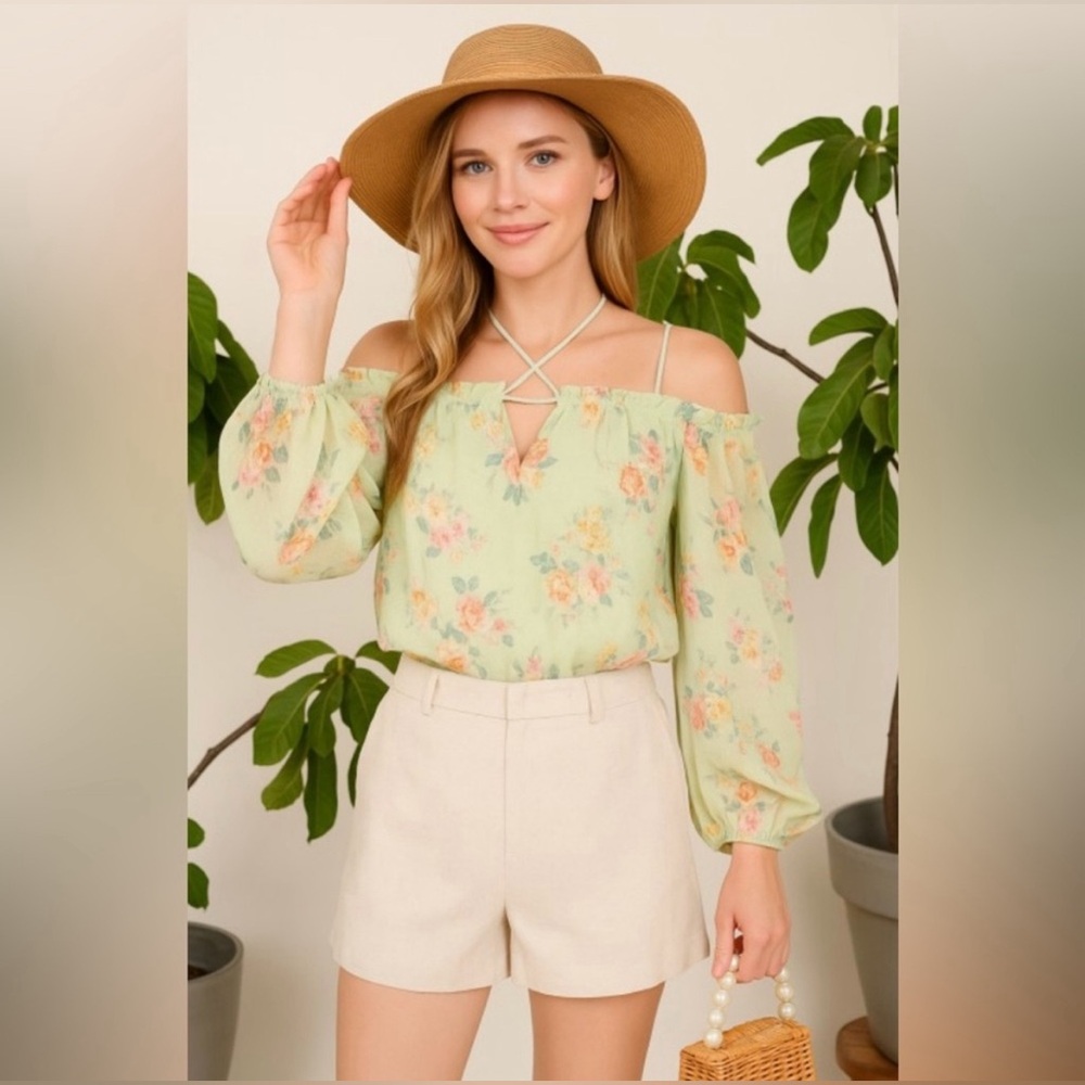LUMIERE NWT Arlene Green Off the Shoulder Floral Blouse Sz Large